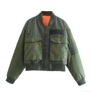 Women's Casual Bomber Jacket Army Green Windproof Padded Coat With Contrast Orange Lining Short Loose Fit Flight Jacket Outerwear For Women
