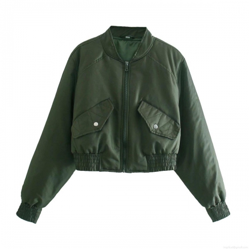 Women's Cropped Bomber Jacket Solid Color Stand Collar Zipper Casual Windproof Padded Coat With Ribbed Cuffs And Pockets For Spring Autumn Winter