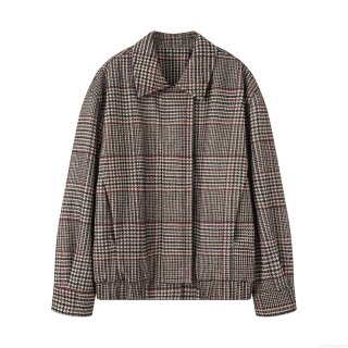 Women's Fashion Plaid Houndstooth Quilted Bomber Jacket Vintage Casual Loose Wool Blend Lapel Collar Jacket Coat With Pockets Long Sleeve Warm Outwear