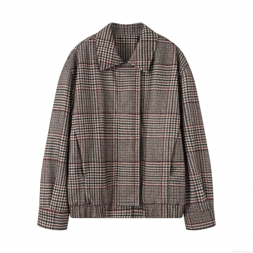 Women's Fashion Plaid Houndstooth Quilted Bomber Jacket Vintage Casual Loose Wool Blend Lapel Collar Jacket Coat With Pockets Long Sleeve Warm Outwear