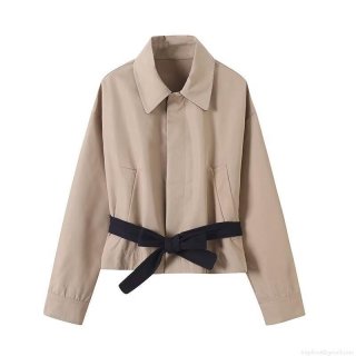 Women's Casual Short Trench Coat Fashion Minimalist Khaki Jacket With Belt Decoration Polyester Spandex Blend Long Sleeve Lapel Top For Daily Office Spring Autumn Wear