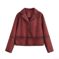 Women Casual Wine Red Suede Jacket Single Breasted Lapel Short Outerwear With Distressed Edges For Daily Fashion Office Streetwear