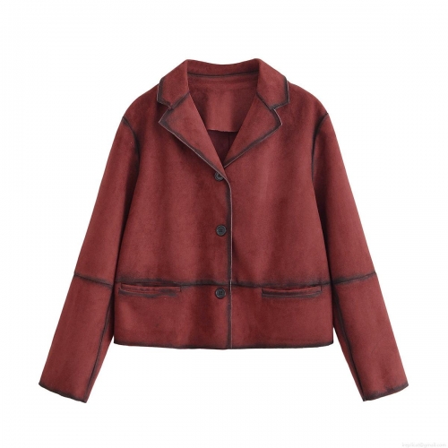 Women Casual Wine Red Suede Jacket Single Breasted Lapel Short Outerwear With Distressed Edges For Daily Fashion Office Streetwear