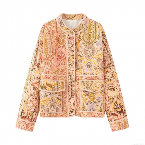 Women's Ethnic Paisley Print Quilted Jacket Stand Collar Long Sleeve Lightweight Padded Coat Casual Bohemian Outerwear For Ladies