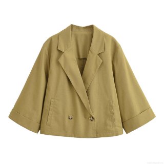 Women's Casual Short Blazer Jacket Linen-Like Polyester Double Breasted Notch Lapel Solid Color Coat For Office Commute Summer Chic Outerwear