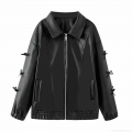 Women's Faux Leather Jacket Black Bow Knot Sleeve Detail Zipper Up Loose Fit PU Biker Moto Coat Streetwear Outerwear For Women