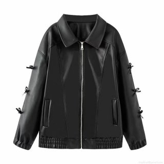 Women's Faux Leather Jacket Black Bow Knot Sleeve Detail Zipper Up Loose Fit PU Biker Moto Coat Streetwear Outerwear For Women