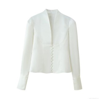 Women's Satin V-Neck Blazer Jacket Elegant Padded Shoulder Single Breasted Solid Color Commuter Long Sleeve Suit Outerwear For Office Dating Lady