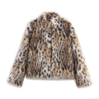 Women's Fashion Elegant Leopard Print Faux Fur Jacket Luxury Stand Collar Long Sleeve Warm Coat Autumn Winter Casual Outerwear