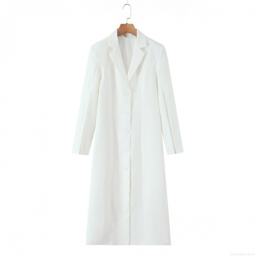 Women's Long Blazer Jacket Polyester Spandex Blend Split Cuff Irregular Hem Single Breasted Outerwear Office Commuting Elegant White Suit Coat