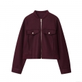 Women's Casual Wine Red Short Jacket Coat 100% Polyester Loose Fit Zip-Up Outerwear With Pockets Stand Collar Ribbed Trim For Autumn Winter