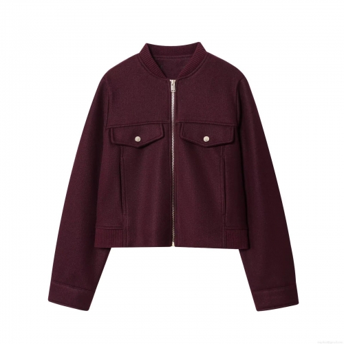 Women's Casual Wine Red Short Jacket Coat 100% Polyester Loose Fit Zip-Up Outerwear With Pockets Stand Collar Ribbed Trim For Autumn Winter