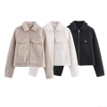 Women's Short Woolen Jacket Autumn Fashion Lapel Zip Up Coat With Flap Pockets Casual Slim Felt Outerwear For Women Elegant Streetwear