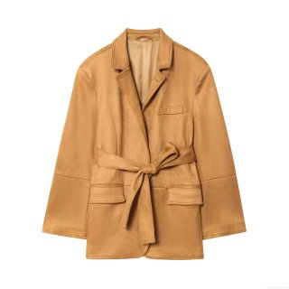 Women's Chic Faux Suede Blazer Jacket Chic Solid Color Mid Length Lapel Long Sleeve Suit Coat With Waist Belt For Office Commute