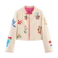 Women's Sweet Pastoral Embroidered Jacket Cotton Blend Round Neck Long Sleeve Floral Cherry Cactus Short Outerwear Coat for Daily Casual Autumn Wear