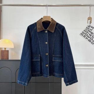 Women's Loose Denim Jacket With Corduroy Lapel Collar Metal Buttons Patch Pockets Casual Workwear Style Long Sleeve Jean Coat Outerwear For Autumn Winter Ladies Fashion