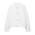 Women's Casual White Bomber Jacket Soft Woolen Texture Outerwear With Metal Buttons Ribbed Trim Long Sleeve Fashion Flight Coat For Autumn Winter