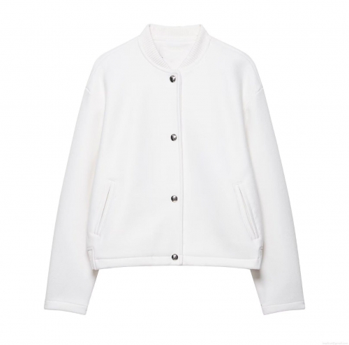 Women's Casual White Bomber Jacket Soft Woolen Texture Outerwear With Metal Buttons Ribbed Trim Long Sleeve Fashion Flight Coat For Autumn Winter