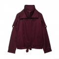 Women's Loose Casual Windbreaker Jacket 100% Polyester Stand Collar Zip Up Coat With Bow Tie Hem For Autumn Winter Fashion