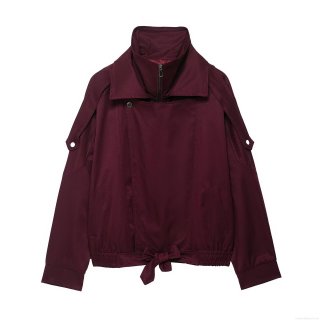 Women's Loose Casual Windbreaker Jacket 100% Polyester Stand Collar Zip Up Coat With Bow Tie Hem For Autumn Winter Fashion
