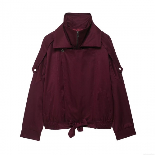 Women's Loose Casual Windbreaker Jacket 100% Polyester Stand Collar Zip Up Coat With Bow Tie Hem For Autumn Winter Fashion