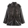 Women's Elegant Faux Leather Jacket Fashion Coffee Long Sleeve Outwear With Adjustable Waist Belt And Utility Pockets Trendy Lapel Coat For Lady