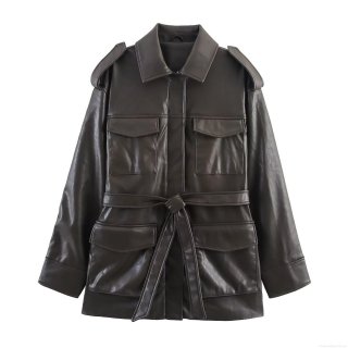 Women's Elegant Faux Leather Jacket Fashion Coffee Long Sleeve Outwear With Adjustable Waist Belt And Utility Pockets Trendy Lapel Coat For Lady