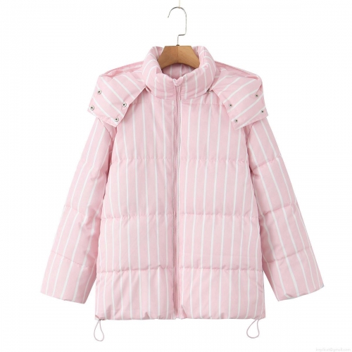 Women's Fashion Pink White Vertical Stripe Hooded Puffer Jacket Winter Warm Quilted Cotton Padded Coat With Zipper Drawstring Hem For Women Daily Outwear