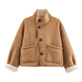 Women's Reversible Faux Suede And Lamb Wool Jacket Warm Fleece Short Coat With Large Pockets Solid Color Casual Lapel Outerwear For Winter