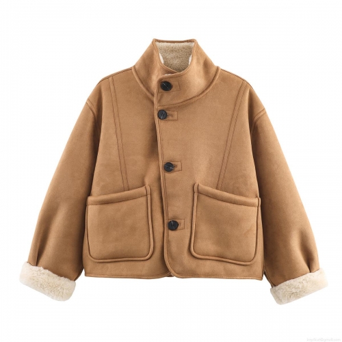 Women's Reversible Faux Suede And Lamb Wool Jacket Warm Fleece Short Coat With Large Pockets Solid Color Casual Lapel Outerwear For Winter