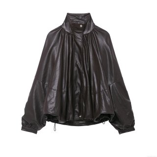 Women's Fashion Coffee PU Leather Bomber Jacket Stand Collar Pleated Back Drawstring Hem Long Sleeve Outerwear Autumn Winter Chic Jacket For Ladies