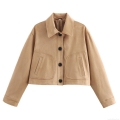 Women's Elegant Khaki Suede Short Jacket Lapel Collar Button Up Coat With Large Pockets Solid Color Long Sleeve Outwear For Ladies Fall Winter
