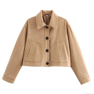 Women's Elegant Khaki Suede Short Jacket Lapel Collar Button Up Coat With Large Pockets Solid Color Long Sleeve Outwear For Ladies Fall Winter