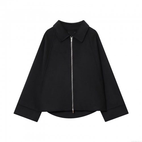 Women's Casual Loose Solid Black Zipper Jacket 100% Polyester Turn-down Collar Long Sleeve Fall Outerwear Coat For Women Daily Wear