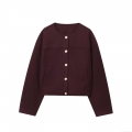Women's Fashion Round Neck Short Jacket Elegant Wine Red Faux Wool Coat With Gold Lion Buttons Long Sleeve Solid Color Casual Outerwear For Fall Women