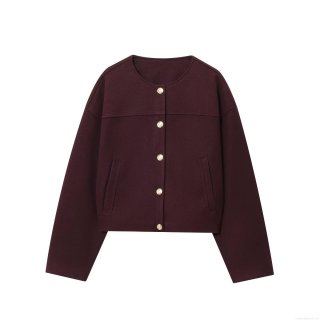 Women's Fashion Round Neck Short Jacket Elegant Wine Red Faux Wool Coat With Gold Lion Buttons Long Sleeve Solid Color Casual Outerwear For Fall Women