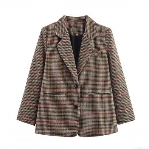 Women Vintage Houndstooth Plaid Blazer Jacket 100% Polyester Single Breasted Two Button Commuter Notch Lapel Suit Outerwear for Autumn Winter Office Lady