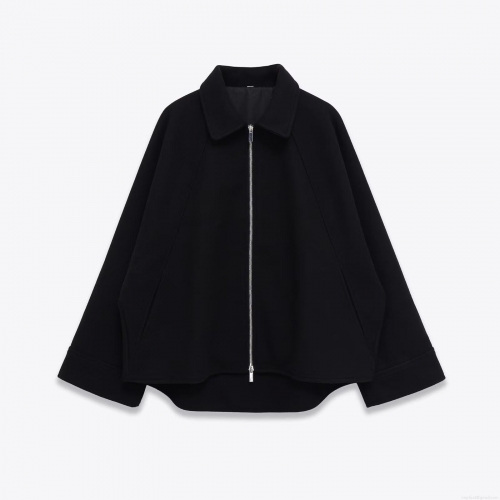 Women's Modern Minimalist Black Zip Up Lapel Jacket 100% Polyester Woolen Texture Long Sleeve Oversized Casual Short Coat Streetwear Winter Outerwear