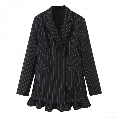 Women's Striped Blazer Jacket Double Breasted Ruffle Hem Long Sleeve Peplum Suit Jacket Elegant Office Work Fashion Outerwear for Women