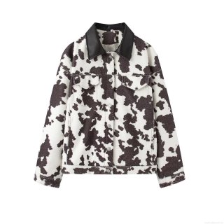 Women's Vintage Cow Print Fringe Jacket Faux Fur Tassel Coat With Black Leather Lapel Fashion Long Sleeve Button Up Outwear Streetwear Winter Short Jacket