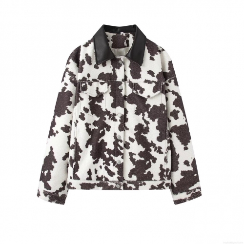 Women's Vintage Cow Print Fringe Jacket Faux Fur Tassel Coat With Black Leather Lapel Fashion Long Sleeve Button Up Outwear Streetwear Winter Short Jacket