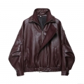Women's Faux Leather Biker Jacket Loose Fit Wine Red Moto Coat With Belt Hem Zip Up Long Sleeve Lapel Collar Outwear For Autumn Streetwear Fashion