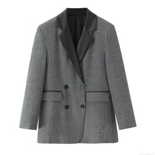 Women Elegant Herringbone Blazer Jacket With PU Leather Patchwork Lapel Collar Double Breasted Long Sleeve Loose Fit Casual Outerwear For Office Lady