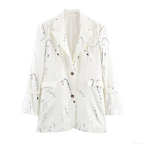 Women Splatter Ink Print Loose Blazer Jacket Casual Polyester Spandex Long Sleeve Single Breasted Suit Coat Fashion Modern Commute Outerwear