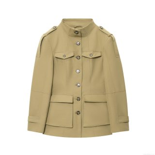 Women's Utility Jacket Stand Collar Khaki Twill Coat With Pockets Epaulettes Casual Long Sleeve Outwear For Autumn Ladies