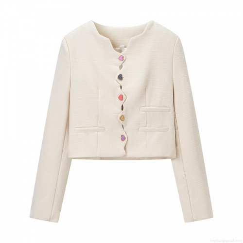Women's Elegant Tweed Short Jacket Polyester Woven Fabric With Colorful Heart Buttons Wavy Trim Round Neck Long Sleeve Fall Outwear For Daily Commuting Ladies Fashion