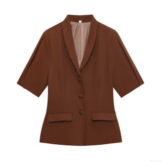 Women Short Sleeve Blazer Jacket Slim Fit Shawl Collar Polyester Spandex Single Breasted Suit Top For Office Lady Elegant Commute Dark Brown