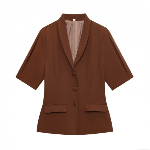Women Short Sleeve Blazer Jacket Slim Fit Shawl Collar Polyester Spandex Single Breasted Suit Top For Office Lady Elegant Commute Dark Brown