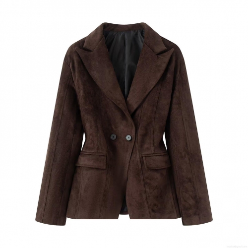 Women's Elegant Slim Fit Suede Suit Jacket Solid Color Long Sleeve Blazer for Office Commuting Fashion Casual Autumn Outwear Top