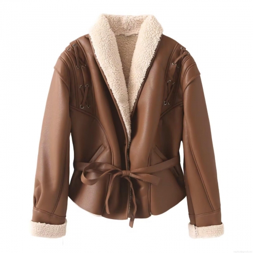 Women's Retro Faux Leather Fur Integrated Jacket With Belt Chic Lambswool Lined Winter Thick Coat Casual Warm Outerwear Solid Color Moto Style Fashion Biker Jacket